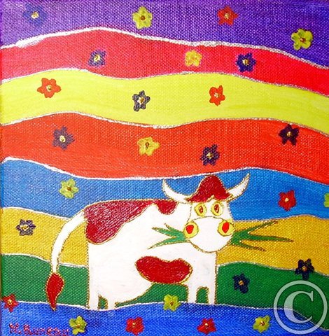 Vache dans son pré fleuri